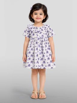 Vastramay - Girls Purple Cotton Printed Gathered Short Sleeve A-Line Dress