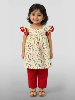 Vastramay - Girls' Multicolour Cotton A-Line Kurta and Red Pant