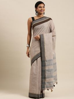 Sangam Prints - Beige Linen Woven Work Tassle Saree with Unstitched Blouse with Unstitched