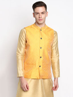 Devoiler - Men Yellow Woven Design Nehru Jacket