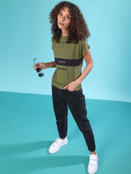 PINACOLADA - Green Casual Shorts Sleeve Printed Women Olive Top