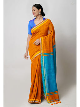 Unnati Silks - Orange Blue Pure Plain Contrast Pallu Cotton Linen Saree with Unstitched Blouse