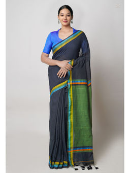 Unnati Silks - Black Green Pure Plain Contrast Pallu Cotton Linen Saree with Unstitched Blouse