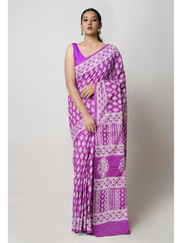 Unnati Silks - Purple Pure Hand Block Printed Superfine Mulmul Cotton Saree with Unstitched Blouse