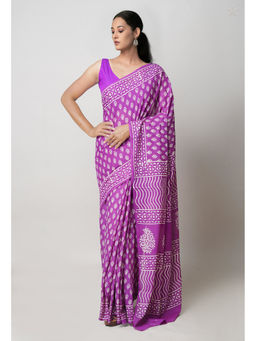 Unnati Silks - Purple Pure Hand Block Printed Superfine Mulmul Cotton Saree with Unstitched Blouse