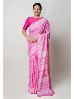 Unnati Silks - Baby Pink Pure Hand Block Printed Superfine Mulmul Cotton Saree with Unstitched Blouse