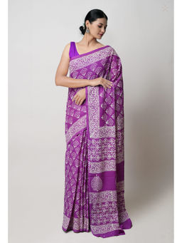 Unnati Silks - Purple Pure Hand Block Printed Superfine Mulmul Cotton Saree with Unstitched Blouse