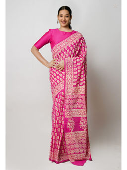 Unnati Silks - Pink Pure Hand Block Printed Superfine Mulmul Cotton Saree with Unstitched Blouse