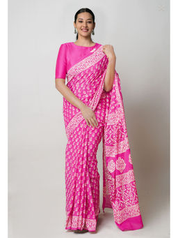 Unnati Silks - Pink Pure Hand Block Printed Superfine Mulmul Cotton Saree with Unstitched Blouse