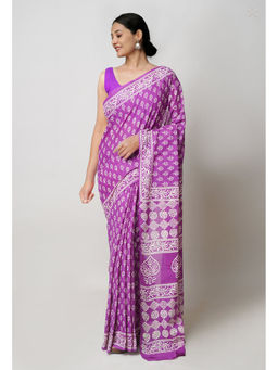 Unnati Silks - Purple Pure Hand Block Printed Superfine Mulmul Cotton Saree with Unstitched Blouse