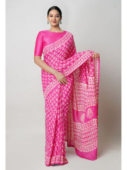 Unnati Silks - Pink Pure Hand Block Printed Superfine Mulmul Cotton Saree with Unstitched Blouse