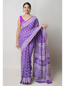Unnati Silks - Purple Pure Hand Block Printed Superfine Mulmul Cotton Saree with Unstitched Blouse