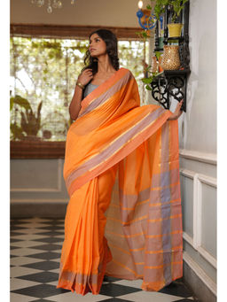 Unnati Silks - Orange Pure Mangalagiri Cotton Saree with Unstitched Blouse