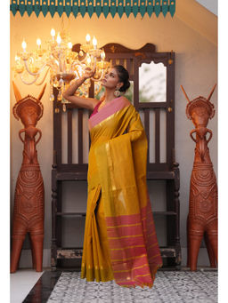 Unnati Silks - Mustard Pure Mangalagiri Cotton Saree with Unstitched Blouse