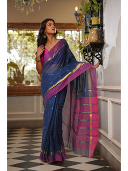Unnati Silks - Navy Blue Pure Mangalagiri Cotton Saree with Unstitched Blouse