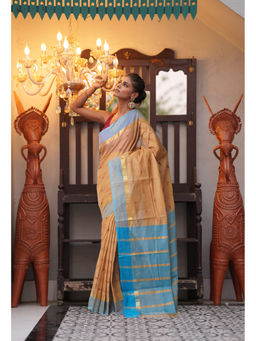 Unnati Silks - Beige Pure Mangalagiri Cotton Saree with Unstitched Blouse