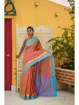 Unnati Silks - Peach Pure Cross Weave Mangalagiri Cotton Saree with Unstitched Blouse