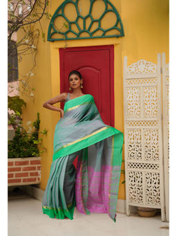 Unnati Silks - Green Pink Pure Cross Weave Mangalagiri Cotton Saree with Unstitched Blouse
