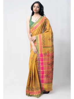 Unnati Silks - Mustard Pure Mangalagiri Hand Block Printed Cotton Saree with Unstitched Blouse