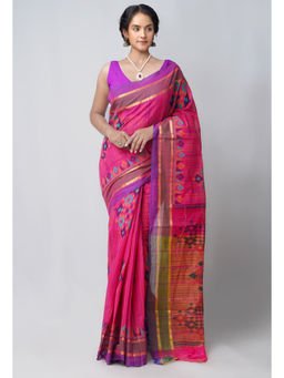 Unnati Silks - Pink Pure Mangalagiri Hand Block Printed Cotton Saree with Unstitched Blouse