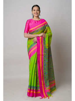 Unnati Silks - Green Dyed Printed Chanderi Sico Saree with Unstitched Blouse