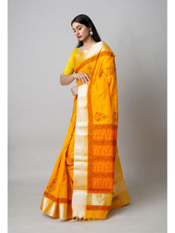 Unnati Silks - Yellow Dyed Printed Chanderi Sico Saree with Unstitched Blouse