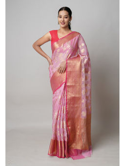 Unnati Silks - Pink Pure Banarasi Kota Cotton Saree with Unstitched Blouse