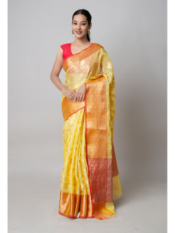 Unnati Silks - Yellow Pure Banarasi Kota Cotton Saree with Unstitched Blouse