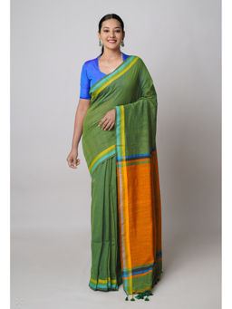 Unnati Silks - Green Orange Pure Plain Contrast Pallu Cotton Linen Saree with Unstitched Blouse