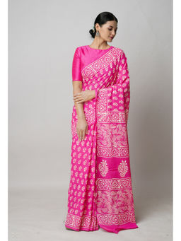 Unnati Silks - Pink Pure Hand Block Printed Superfine Mulmul Cotton Saree with Unstitched Blouse
