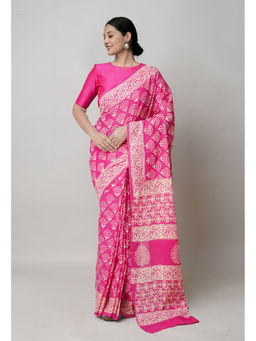 Unnati Silks - Pink Pure Hand Block Printed Superfine Mulmul Cotton Saree with Unstitched Blouse