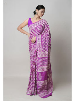 Unnati Silks - Purple Pure Hand Block Printed Superfine Mulmul Cotton Saree with Unstitched Blouse