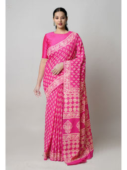 Unnati Silks - Pink Pure Hand Block Printed Superfine Mulmul Cotton Saree with Unstitched Blouse