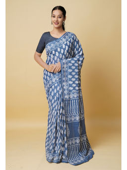 Unnati Silks - Teal Pure Hand Block Printed Superfine Mulmul Cotton Saree with Unstitched Blouse