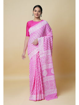 Unnati Silks - Baby Pink Pure Hand Block Printed Superfine Mulmul Cotton Saree with Unstitched Blouse