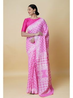 Unnati Silks - Baby Pink Pure Hand Block Printed Superfine Mulmul Cotton Saree with Unstitched Blouse