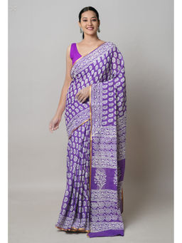 Unnati Silks - Purple Pure Hand Block Printed Superfine Mulmul Cotton Saree with Unstitched Blouse