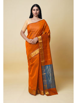 Unnati Silks - Burnt Orange Pure Handloom Mercerized Superfine Gadwal Cotton Saree without Blouse