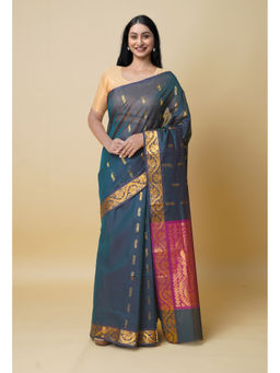 Unnati Silks - Teal Pure Handloom Mercerized Superfine Gadwal Cotton Saree without Blouse