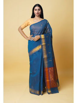 Unnati Silks - Teal Pure Handloom Mercerized Superfine Gadwal Cotton Saree without Blouse