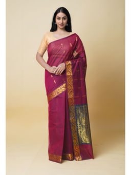 Unnati Silks - Maroon Pure Handloom Mercerized Superfine Gadwal Cotton Saree without Blouse