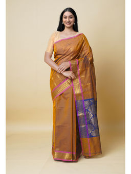 Unnati Silks - Brown Pure Handloom Mercerized Superfine Gadwal Cotton Saree without Blouse