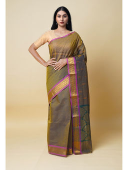 Unnati Silks - Mehendi Green Pure Handloom Mercerized Superfine Gadwal Cotton Saree without Blouse