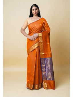 Unnati Silks - Burnt Orange Pure Handloom Mercerized Superfine Gadwal Cotton Saree without Blouse