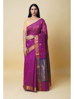 Unnati Silks - Dark Purple Pure Handloom Mercerized Superfine Gadwal Cotton Saree without Blouse
