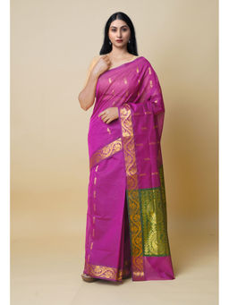 Unnati Silks - Dark Pink Pure Handloom Mercerized Superfine Gadwal Cotton Saree without Blouse