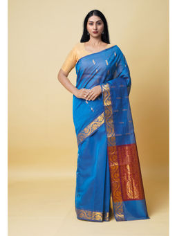 Unnati Silks - Blue Pure Handloom Mercerized Superfine Gadwal Cotton Saree without Blouse