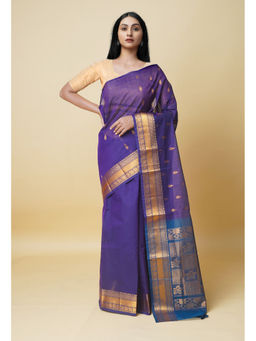 Unnati Silks - Blue Pure Handloom Mercerized Superfine Gadwal Cotton Saree without Blouse