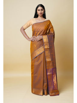 Unnati Silks - Copper Brown Pure Handloom Mercerized Superfine Gadwal Cotton Saree without Blouse