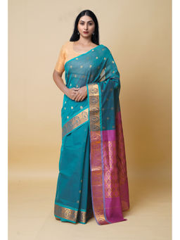 Unnati Silks - Teal Pure Handloom Mercerized Superfine Gadwal Cotton Saree without Blouse